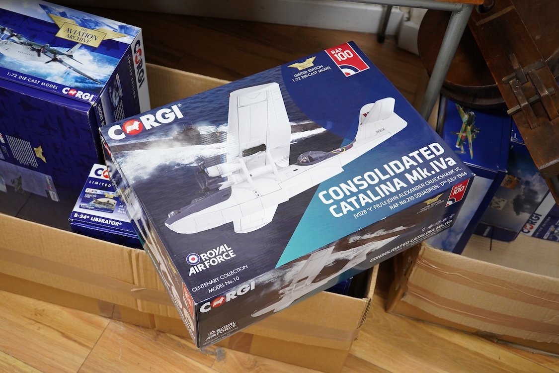 Three boxed 1:72 scale Corgi Aviation Archive aircraft; a Short Sutherland Mk.III, a Consolidated Catalina Mk.IVa, and a B-24 Liberator